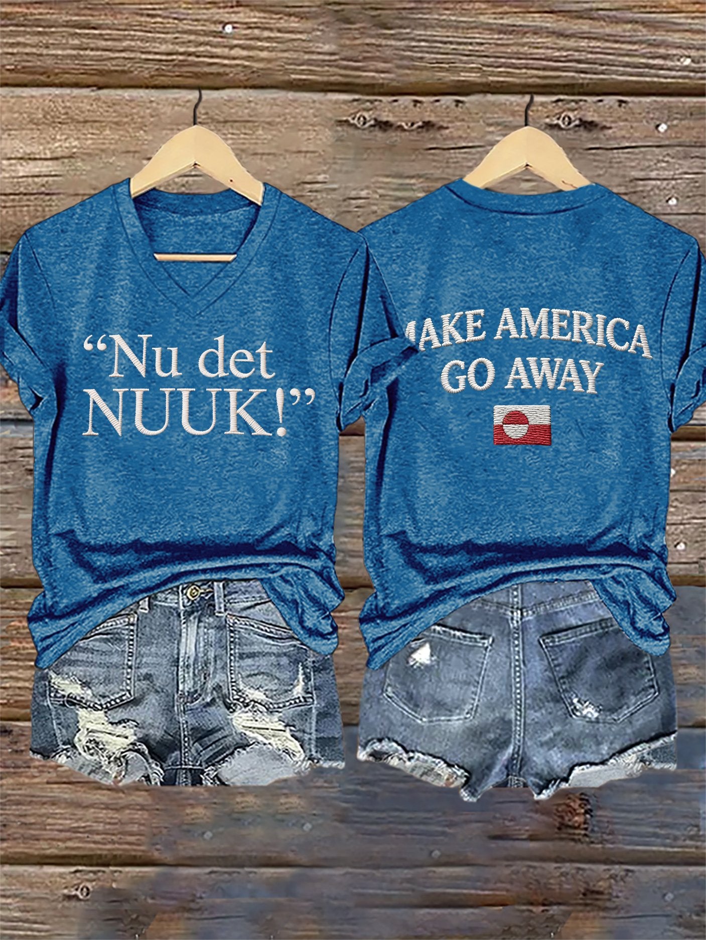 V-Neck Retro Nu Det Nuuk! Make America Go Away Print T-Shirt