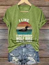 Women's casual Canadian wolf and bird T-shirt