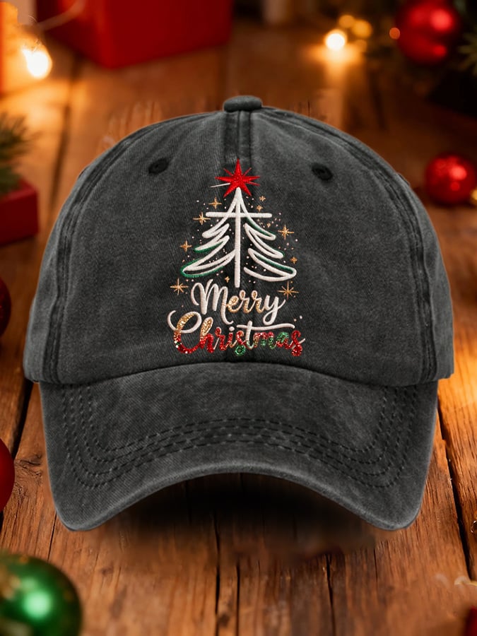 Retro Merry Christmas Cross Christmas Tree Print Baseball Cap