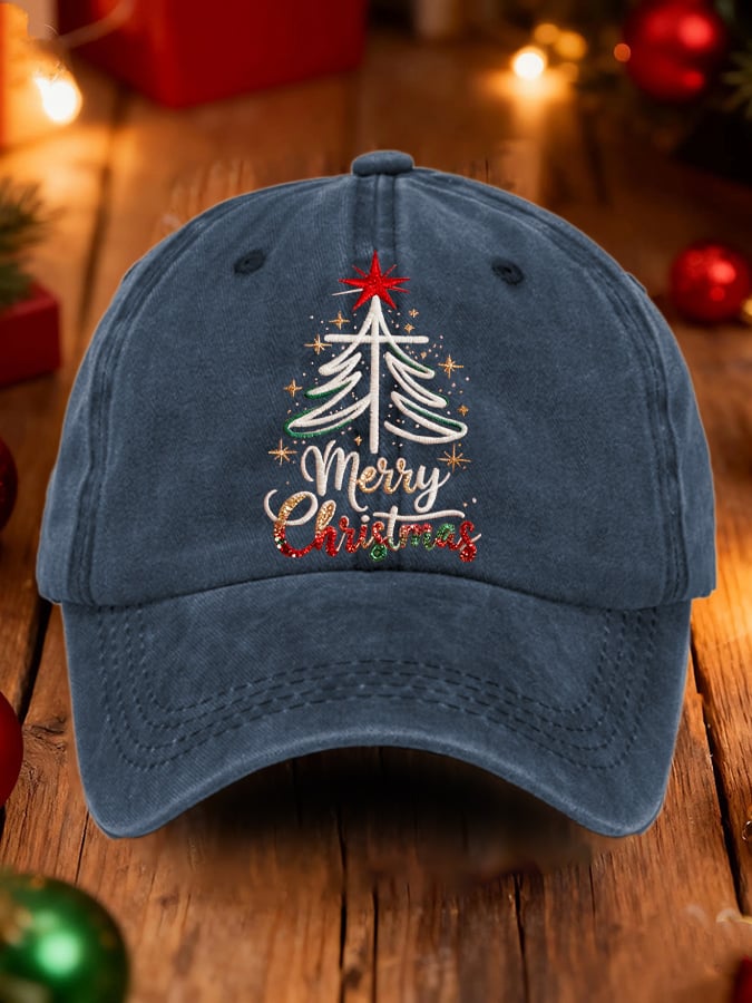 Retro Merry Christmas Cross Christmas Tree Print Baseball Cap