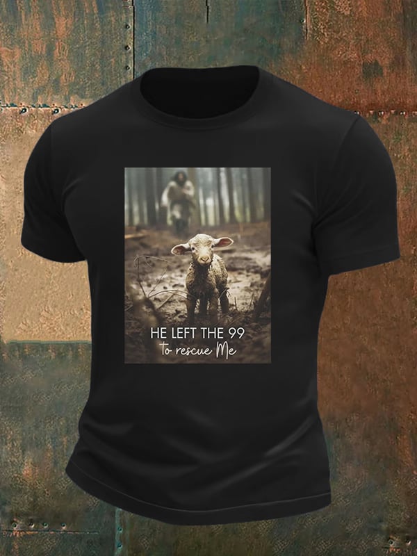 Men's  He Left the 99 to Rescue Me, Jesus and Lost Sheep, Christian T-shirt