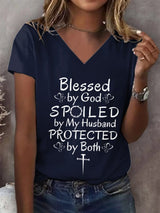 Women's Blessed by God Spoiled by my Husband Protected by Both Print T-Shirt