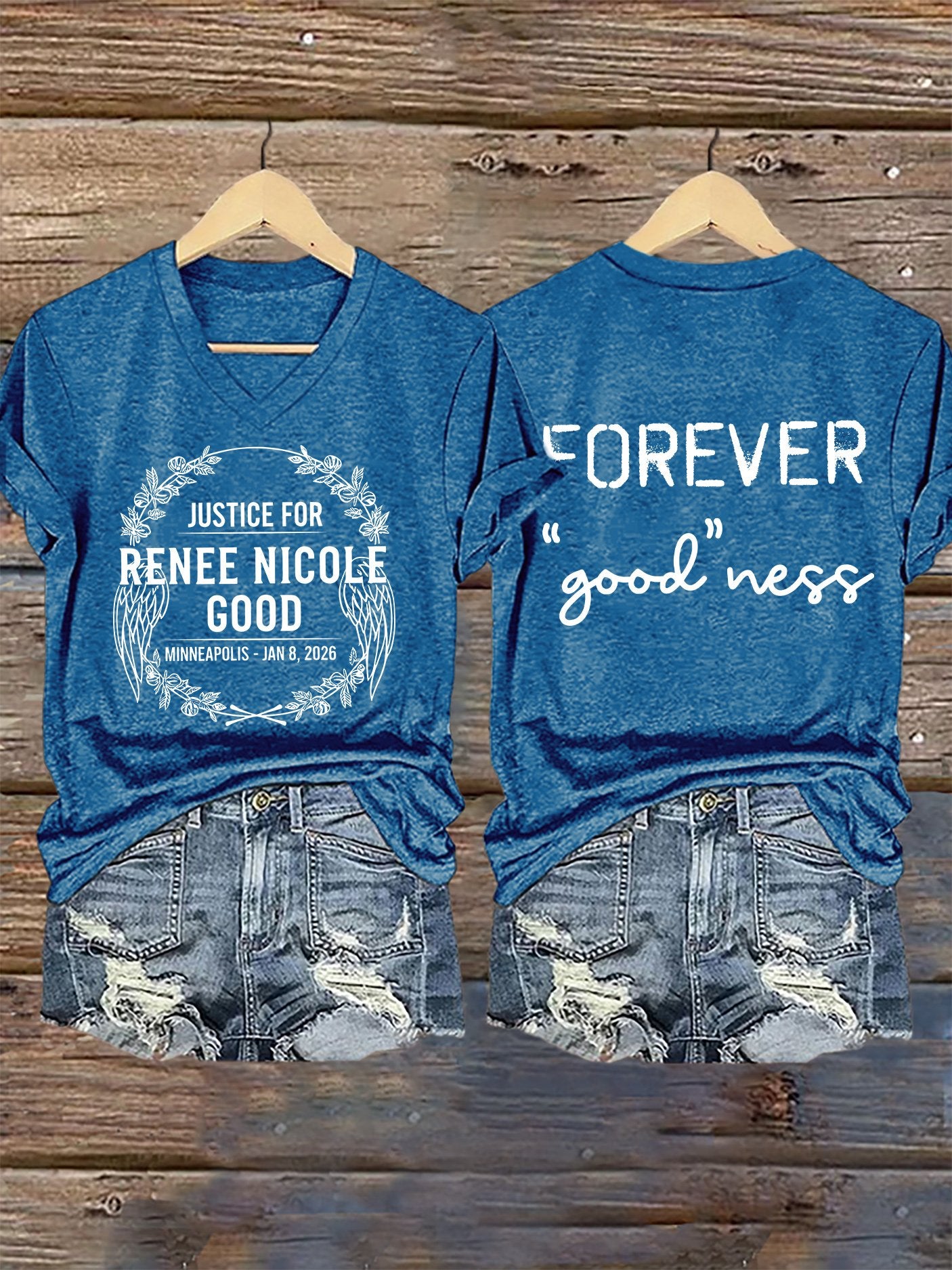 V-Neck Retro Justice For Renee Nicole Good Minneapolis-Jan 8, 2026 Forever "Good"Ness Print T-Shirt