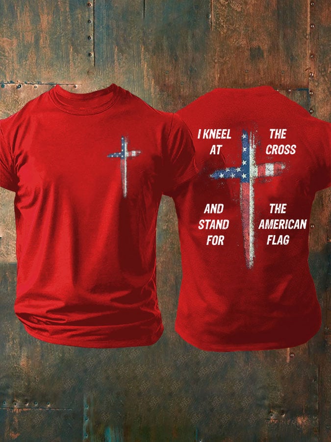 Men's Stand For The Flag Kneel For The Cross Printed Casual T-Shirt