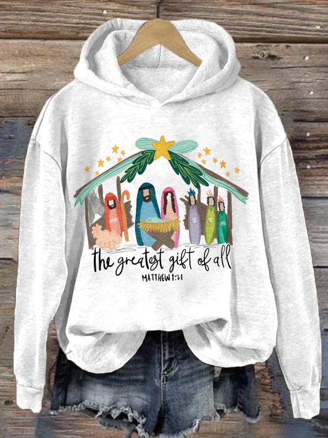 Retro Christmas The Greatest Gift Of All Matthew 1:21 Print Hoodie