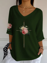 Women's Vintage Floral Metal Cross V-Neck T-Shirt