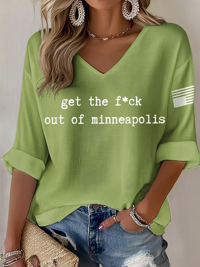V-Neck Retro Get The F*Ck Out Of Minneapolis Print T-Shirt