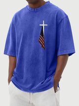Men's Vintage Flag Cross Print Cotton Washed T-Shirt