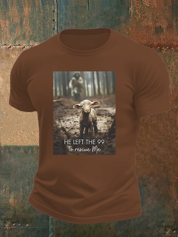 Men's  He Left the 99 to Rescue Me, Jesus and Lost Sheep, Christian T-shirt