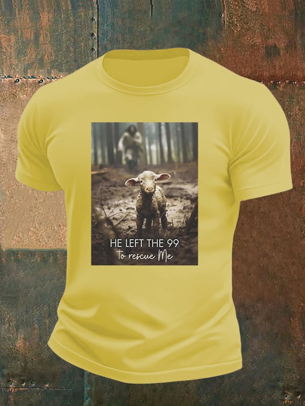 Men's  He Left the 99 to Rescue Me, Jesus and Lost Sheep, Christian T-shirt