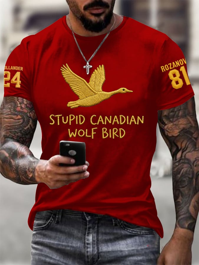 Men's Stupid Canadian Wolf Bird Print T-Shirt