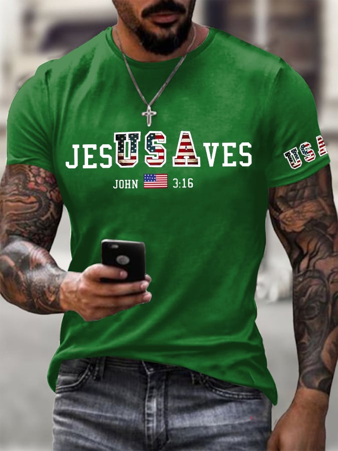 Men's Vintage USA Jesus Saves Printed Round Neck T-Shirt