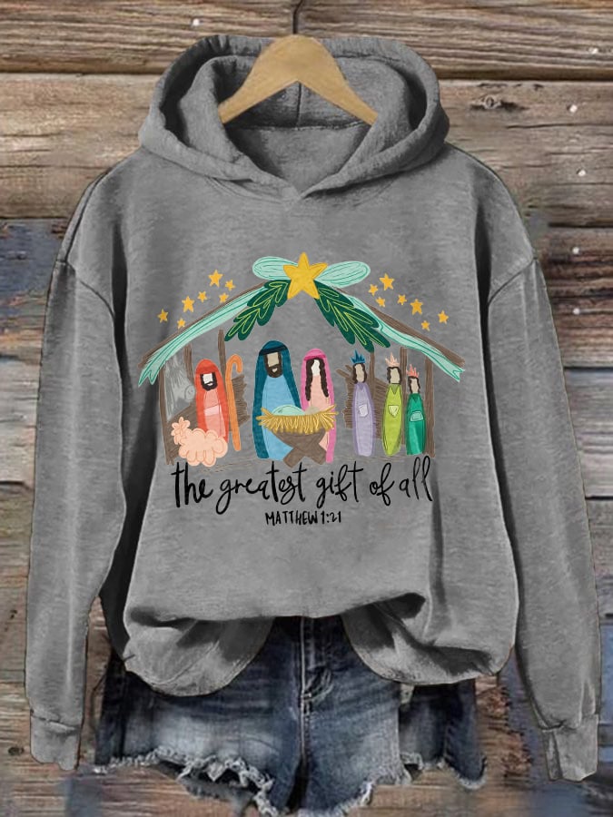 Retro Christmas The Greatest Gift Of All Matthew 1:21 Print Hoodie