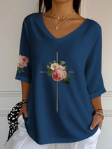 Women's Vintage Floral Metal Cross V-Neck T-Shirt