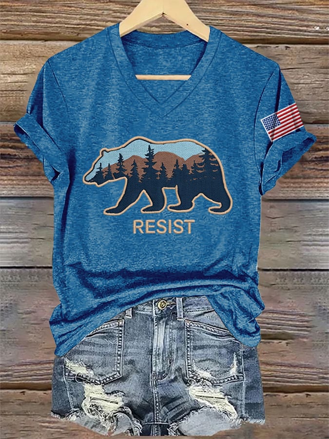 Women's V-Neck Retro Resist Save The Forest Service Print T-Shirt