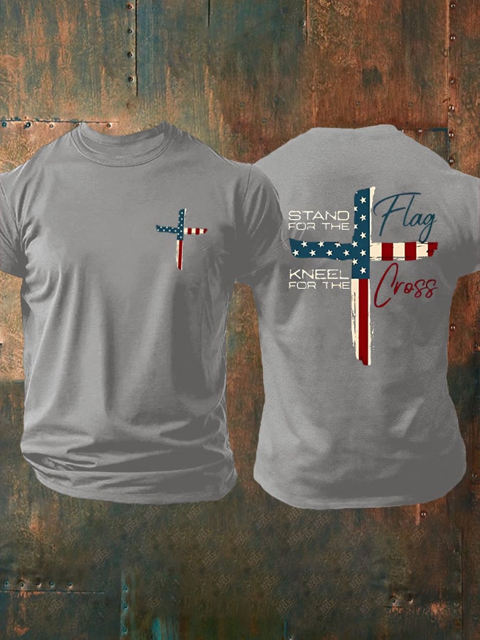 Men's Stand For The Flag Kneel For The Cross Printed Casual T-Shirt