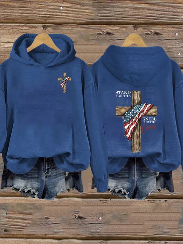 Women's   Stand For The Flag Kneel For The Cross Printed Casual  Hoodie