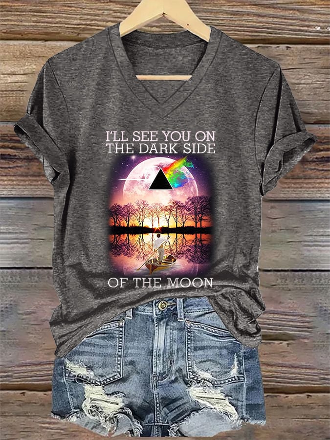 V-Neck Retro I'll See You On The Dark Side Of The Moon Print T-Shirt