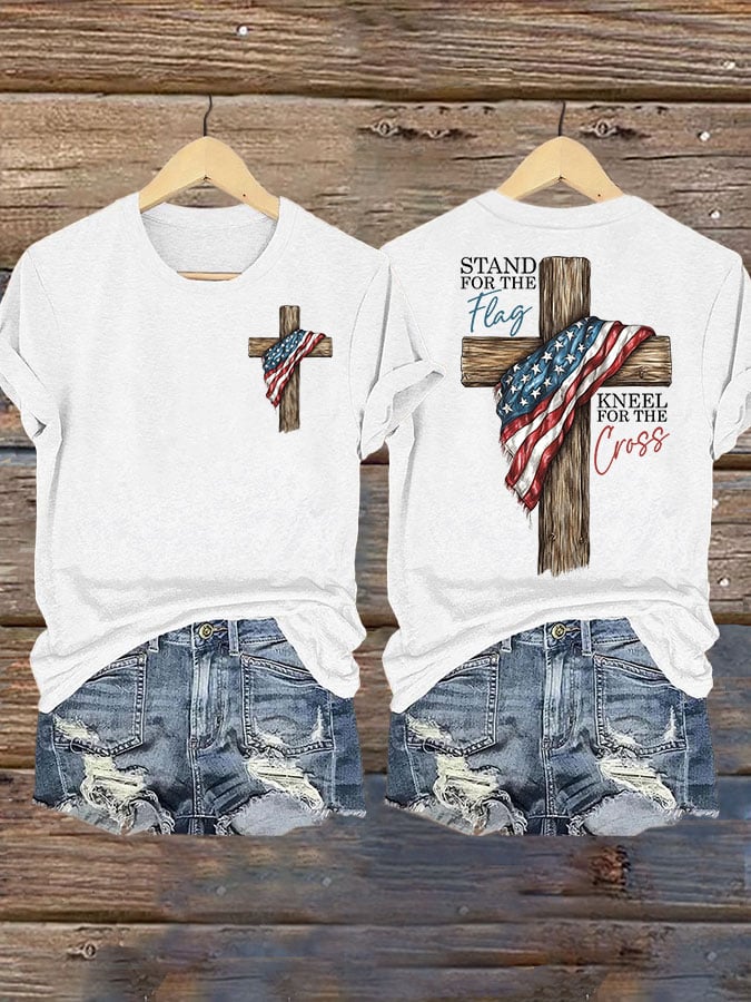 Women's STAND FOR THE FLAG, KNEEL FOR THE CROSS Print Casual T-shirt