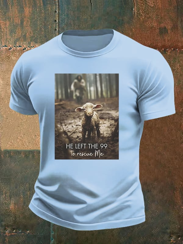 Men's  He Left the 99 to Rescue Me, Jesus and Lost Sheep, Christian T-shirt