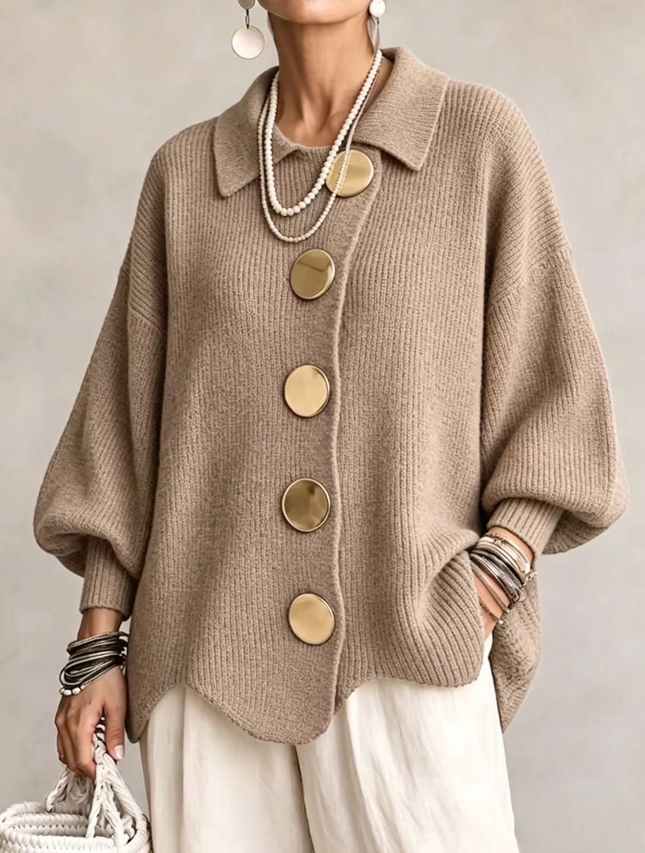 🤲LAST DAY SAVE 49% ⏰Oversized Collared Knit Cardigan With Large Metal Buttons