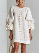 💝💝White Floral Button-down Mini Dress With Striking Floral Cuffs