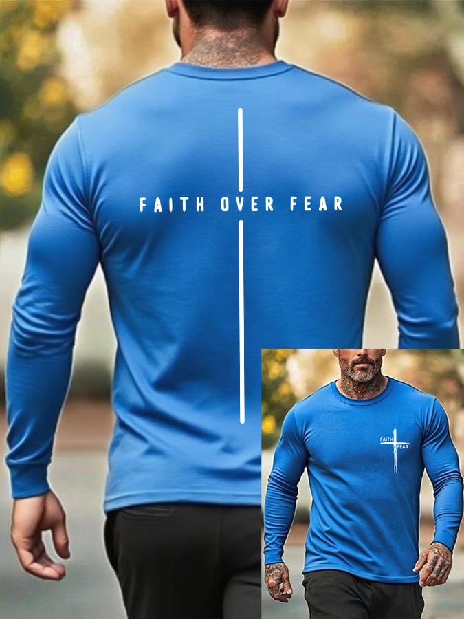Men's Retro Faith Cross "Faith Over Fear" Print Crew Neck T-Shirt