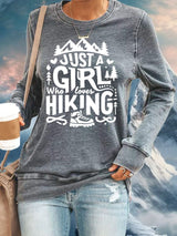 Women's Just A Girl Who Loves Hiking Print Round Neck Sweatshirt