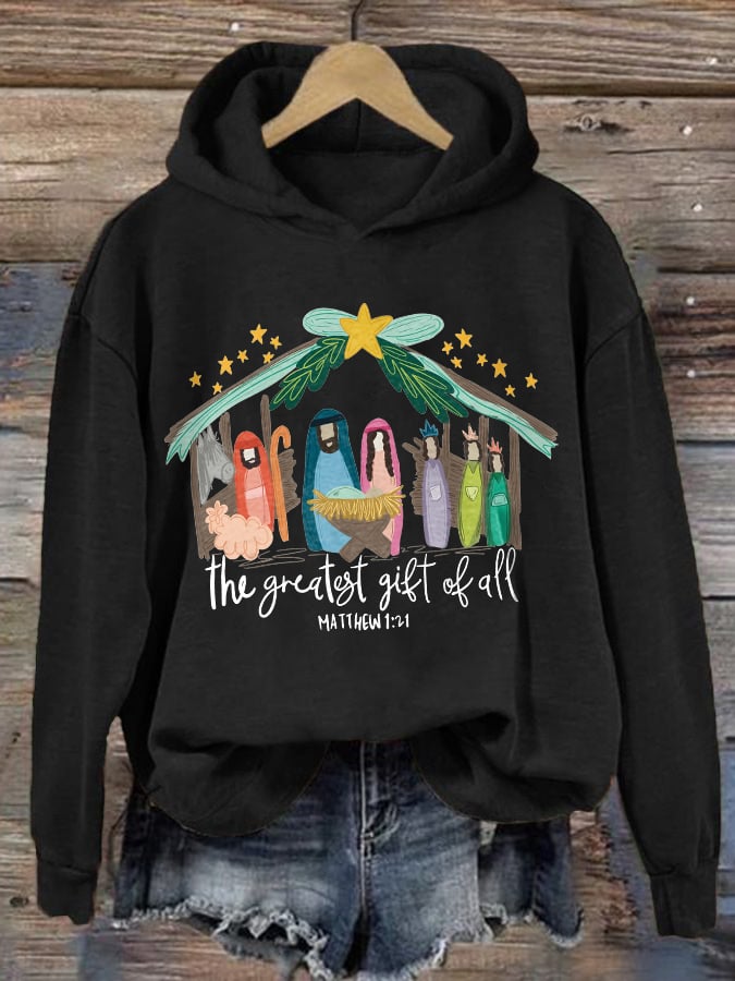 Retro Christmas The Greatest Gift Of All Matthew 1:21 Print Hoodie