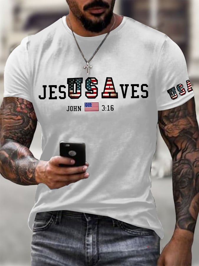 Men's Vintage USA Jesus Saves Printed Round Neck T-Shirt