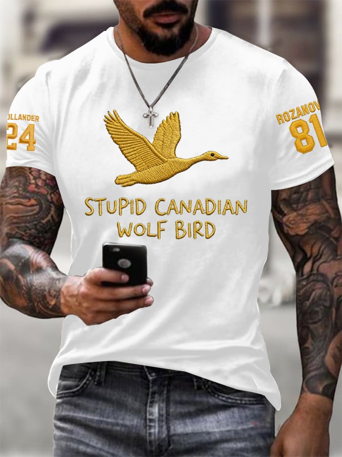 Men's Stupid Canadian Wolf Bird Print T-Shirt