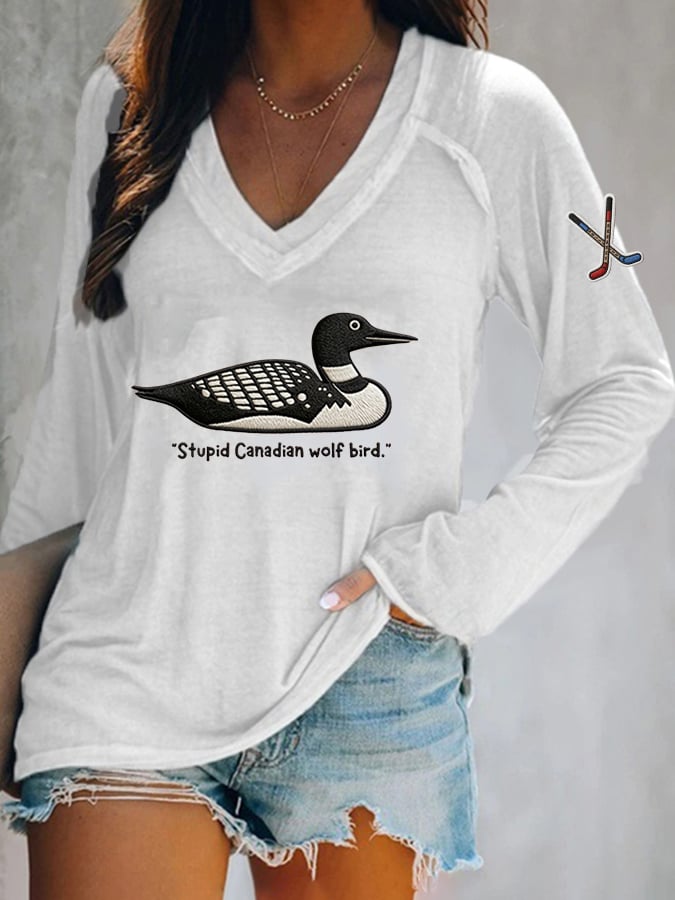 Women's Stupid Canadian wolf bird Print Casual T-Shirt