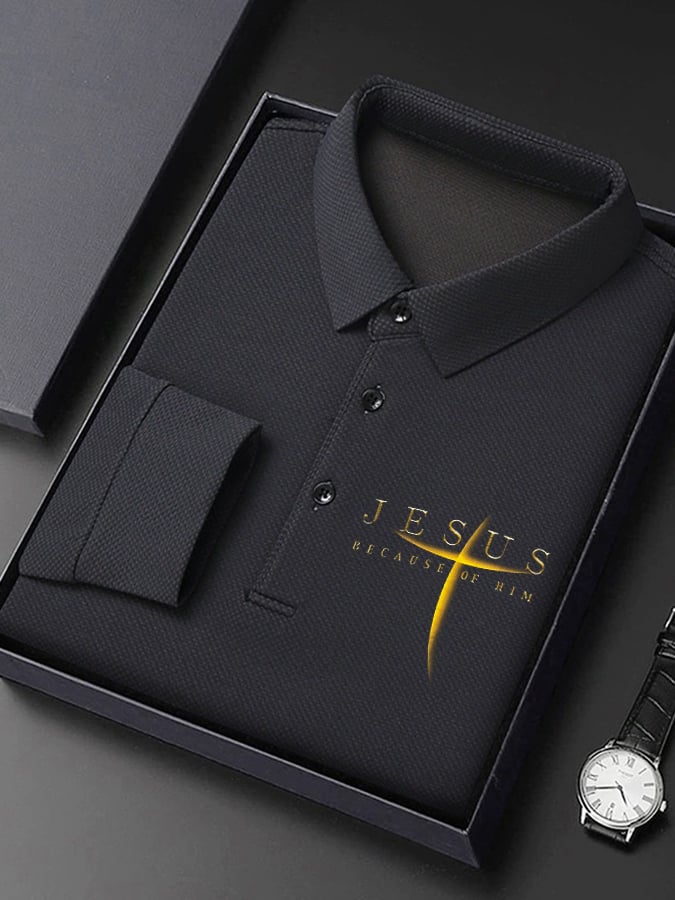 Men's Vintage Faith “Jesus Because Of Him” Long Sleeves Polo Shirt