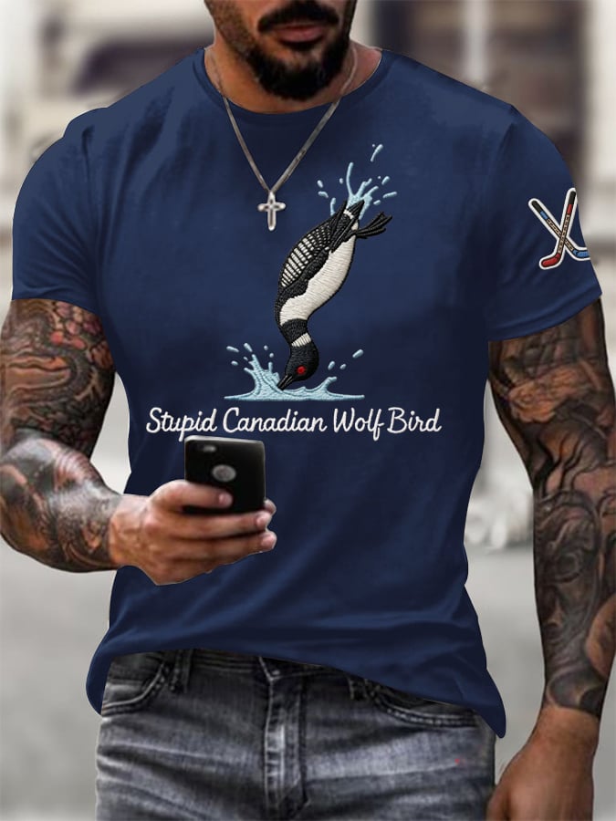 Men's Stupid Canadian Wolf Bird Print T-Shirt