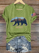 Women's V-Neck Retro Resist Save The Forest Service Print T-Shirt