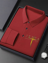 Men's Vintage Faith “Jesus Because Of Him” Long Sleeves Polo Shirt