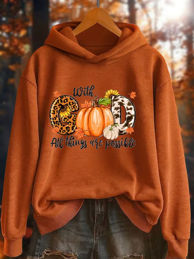 Women's With God All Things Are Possible Pumpkins Printed Hoodie