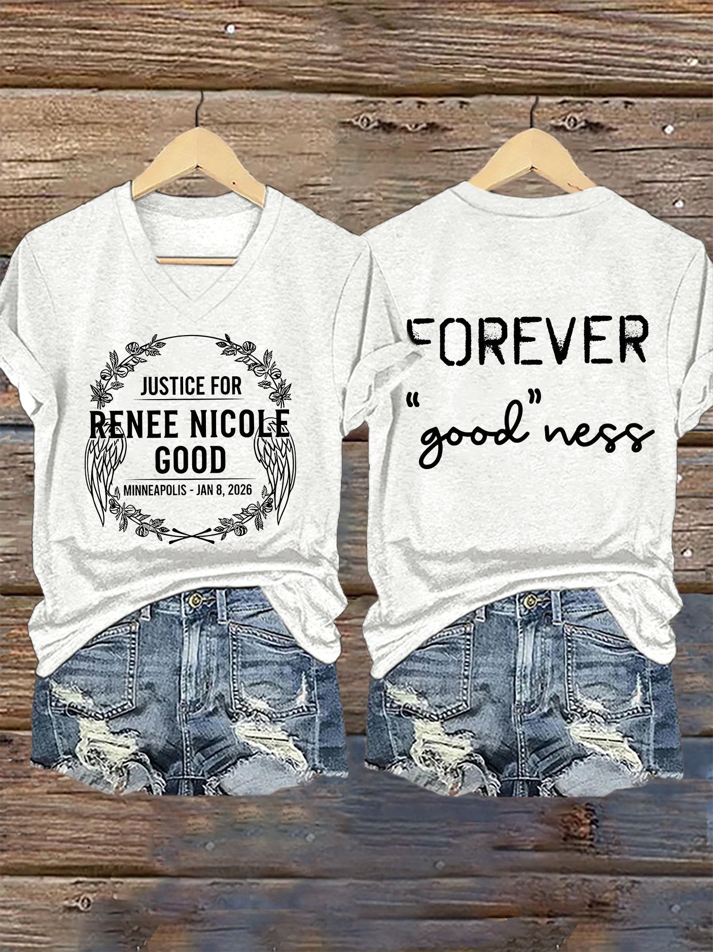 V-Neck Retro Justice For Renee Nicole Good Minneapolis-Jan 8, 2026 Forever "Good"Ness Print T-Shirt