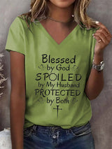 Women's Blessed by God Spoiled by my Husband Protected by Both Print T-Shirt