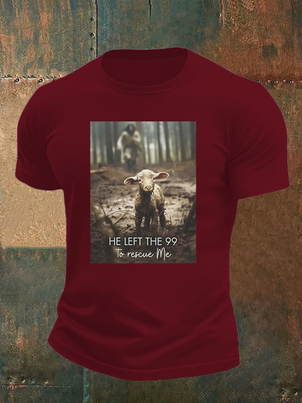 Men's  He Left the 99 to Rescue Me, Jesus and Lost Sheep, Christian T-shirt