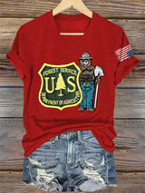 V-Neck Retro Save The Forest Service Print T-Shirt