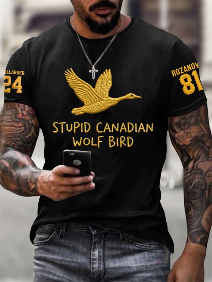 Men's Stupid Canadian Wolf Bird Print T-Shirt