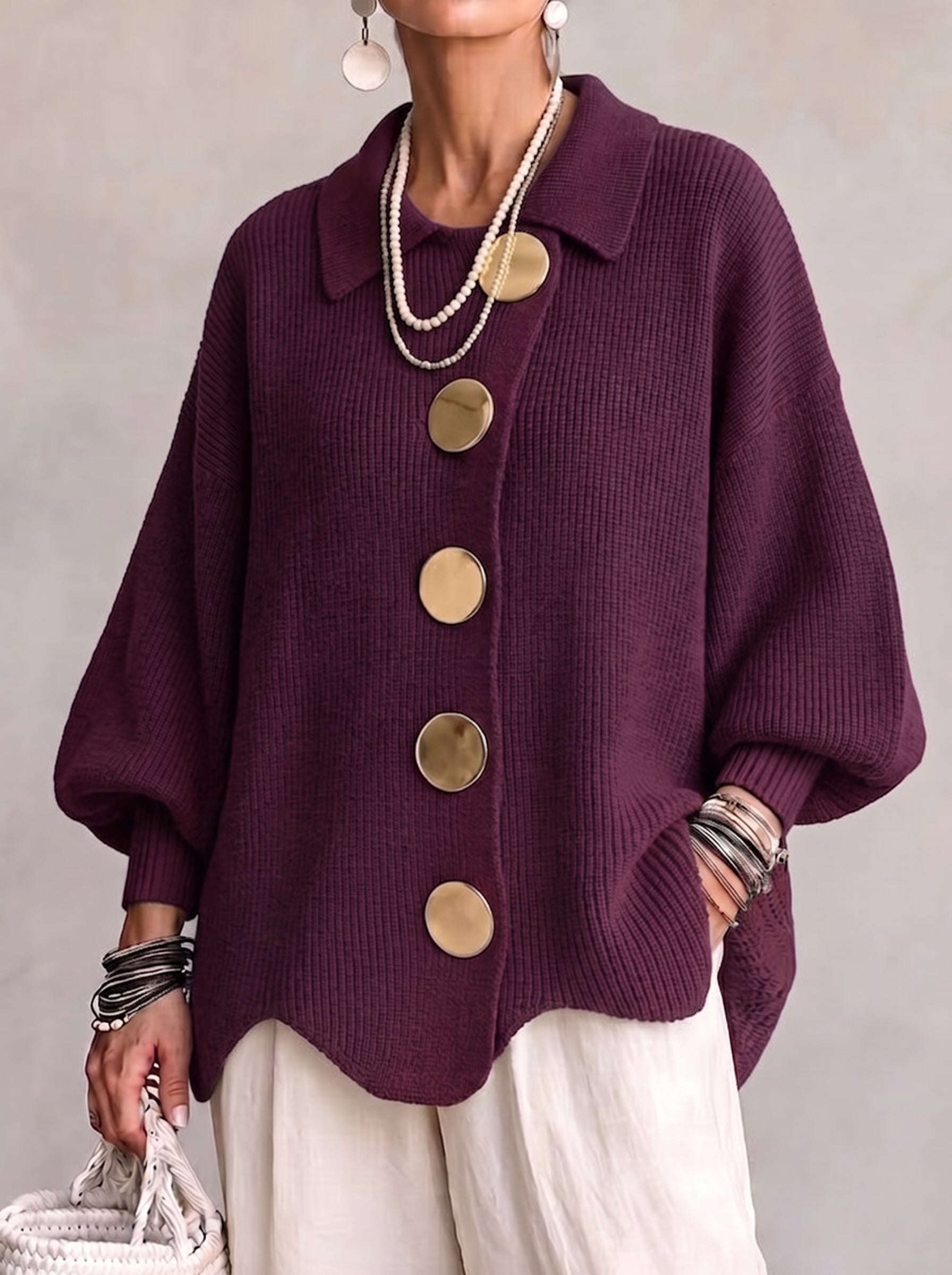 🤲LAST DAY SAVE 49% ⏰Oversized Collared Knit Cardigan With Large Metal Buttons