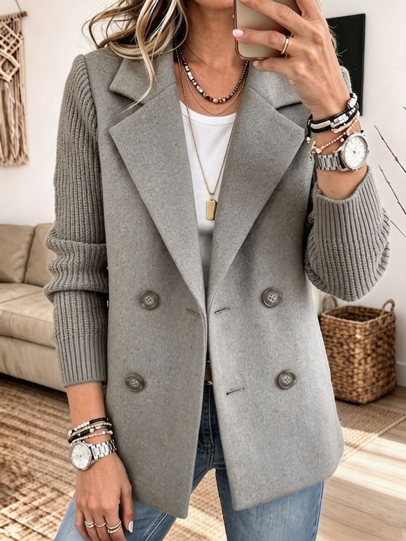 🤲LAST DAY SAVE 49% ⏰✨ Cozy Knit-Sleeve Blazer – Chic, Warm & Effortless