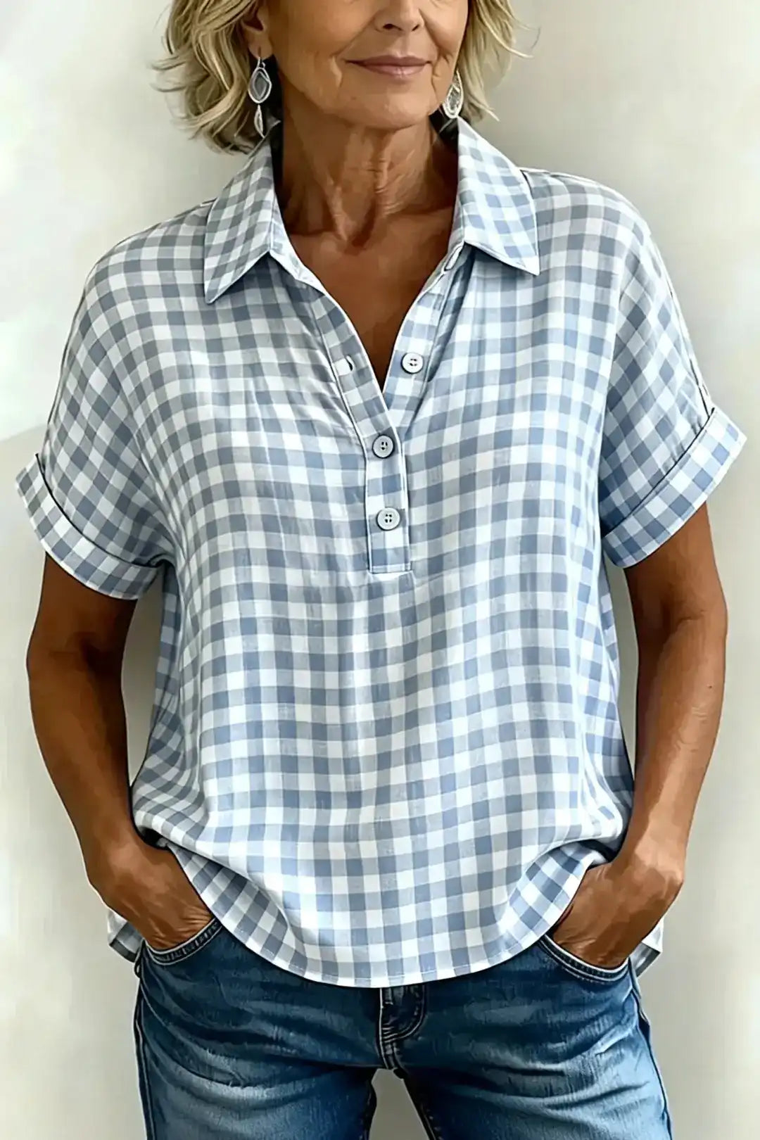 New Arrivals🔥Classic Gingham Cotton-Linen V-Neck Button-Front Blouse