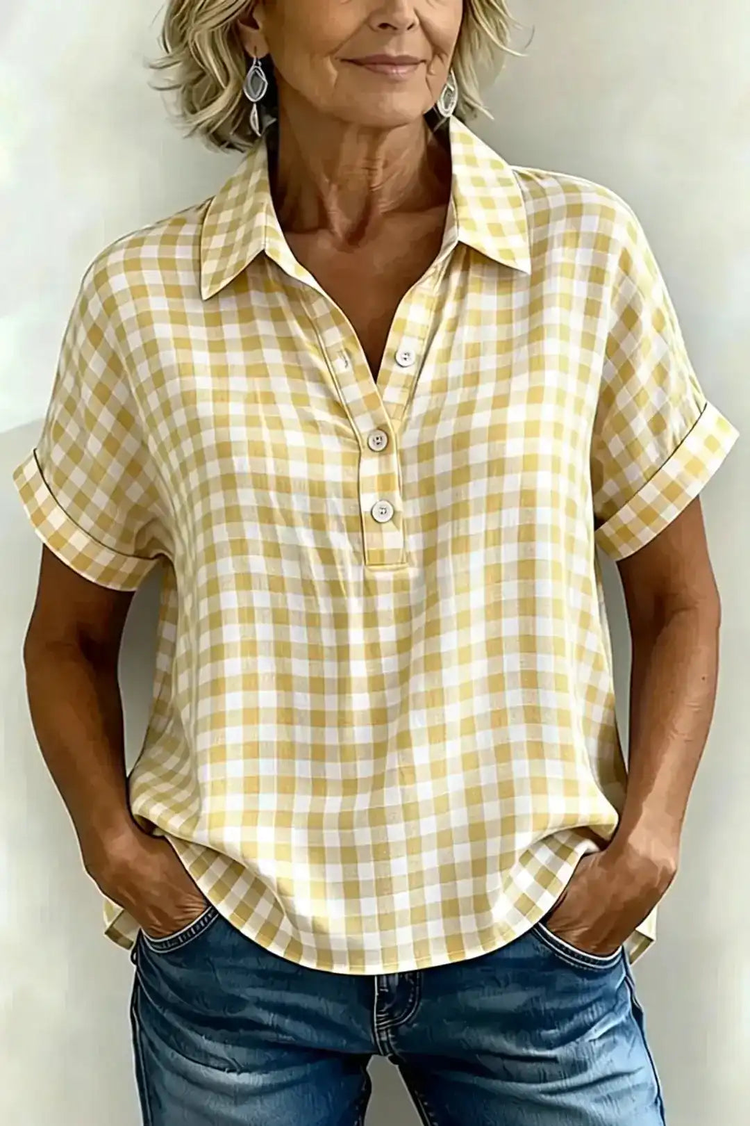 New Arrivals🔥Classic Gingham Cotton-Linen V-Neck Button-Front Blouse