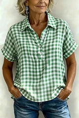 New Arrivals🔥Classic Gingham Cotton-Linen V-Neck Button-Front Blouse