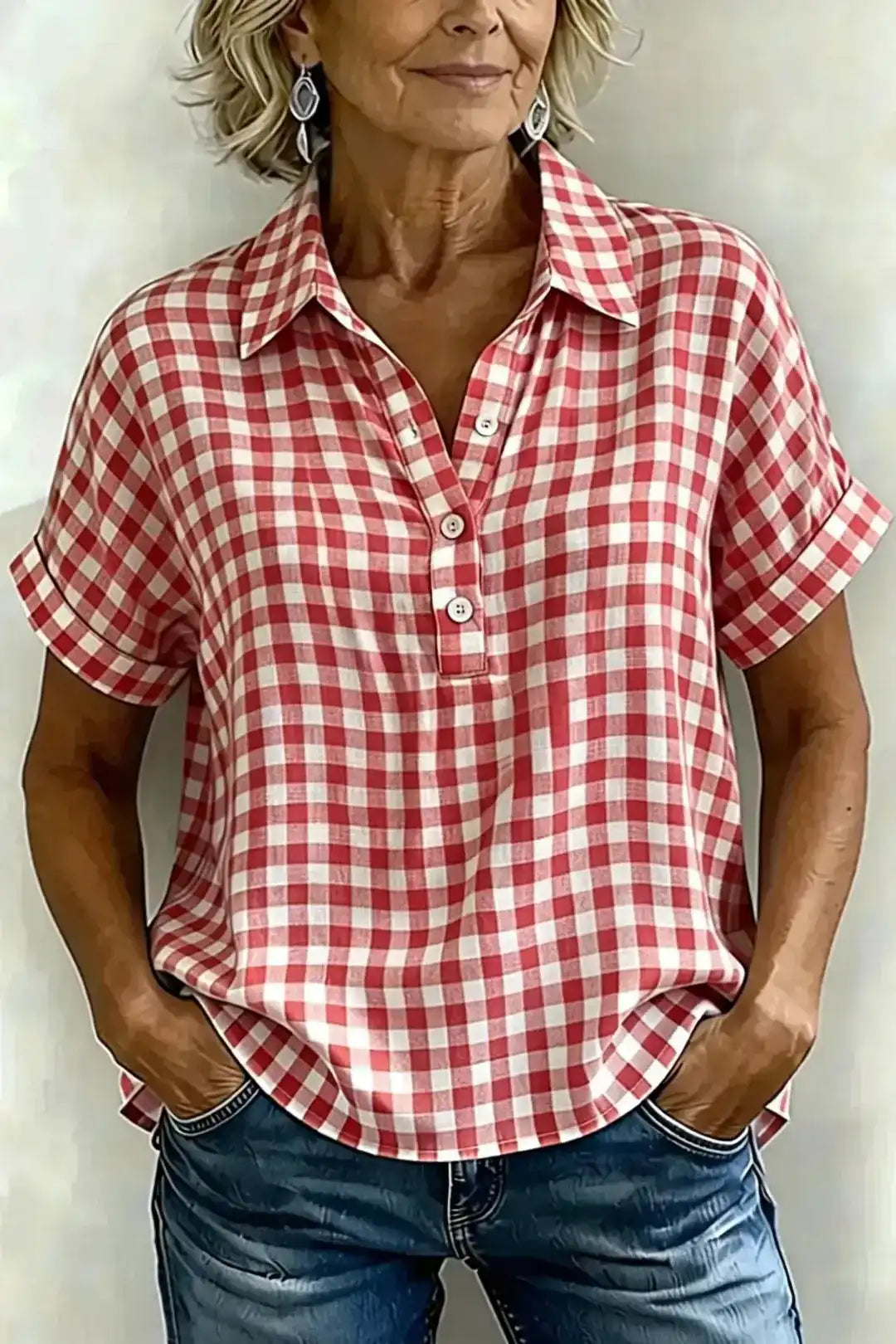 New Arrivals🔥Classic Gingham Cotton-Linen V-Neck Button-Front Blouse