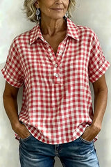 New Arrivals🔥Classic Gingham Cotton-Linen V-Neck Button-Front Blouse