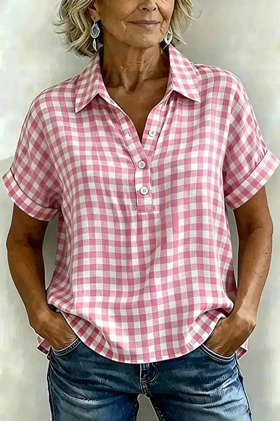 New Arrivals🔥Classic Gingham Cotton-Linen V-Neck Button-Front Blouse